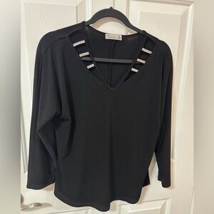 89th & Madison Black Long Sleeve Top with Strap Accents